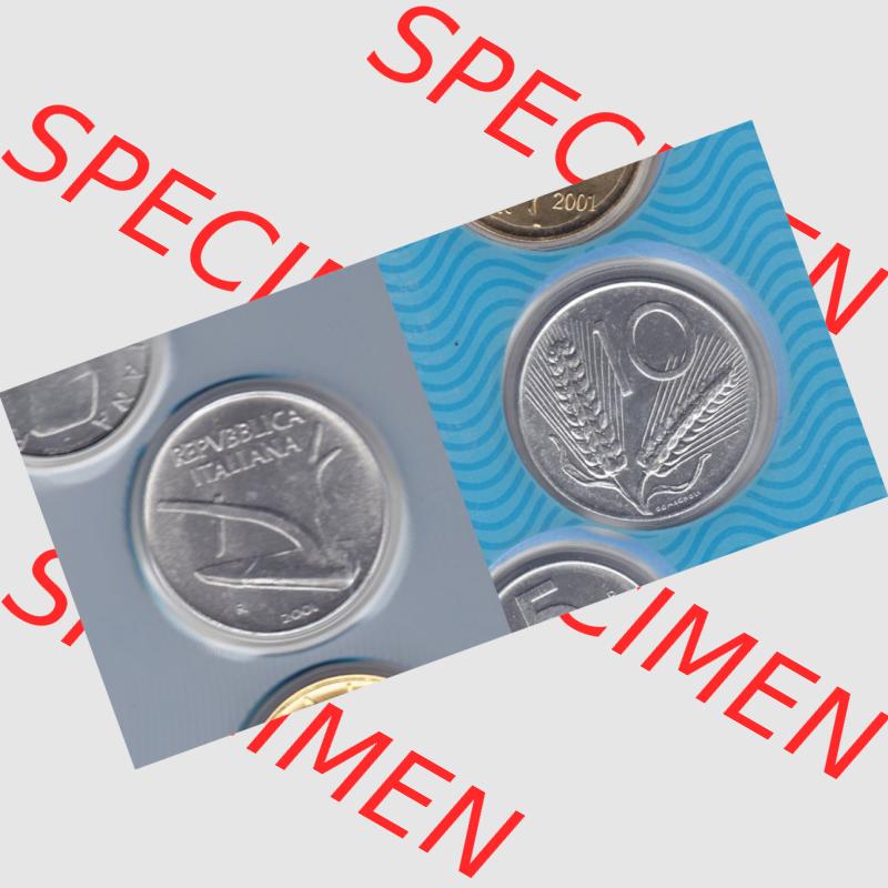 Münzen Italien Umlaufmünze 1951-2001, 10 Lira-Lire Kleine Münze 2001. Vorderseite und Rückseite horizontal auf einen digitalen Bild der alten italienischen Münze aus... Sammlung