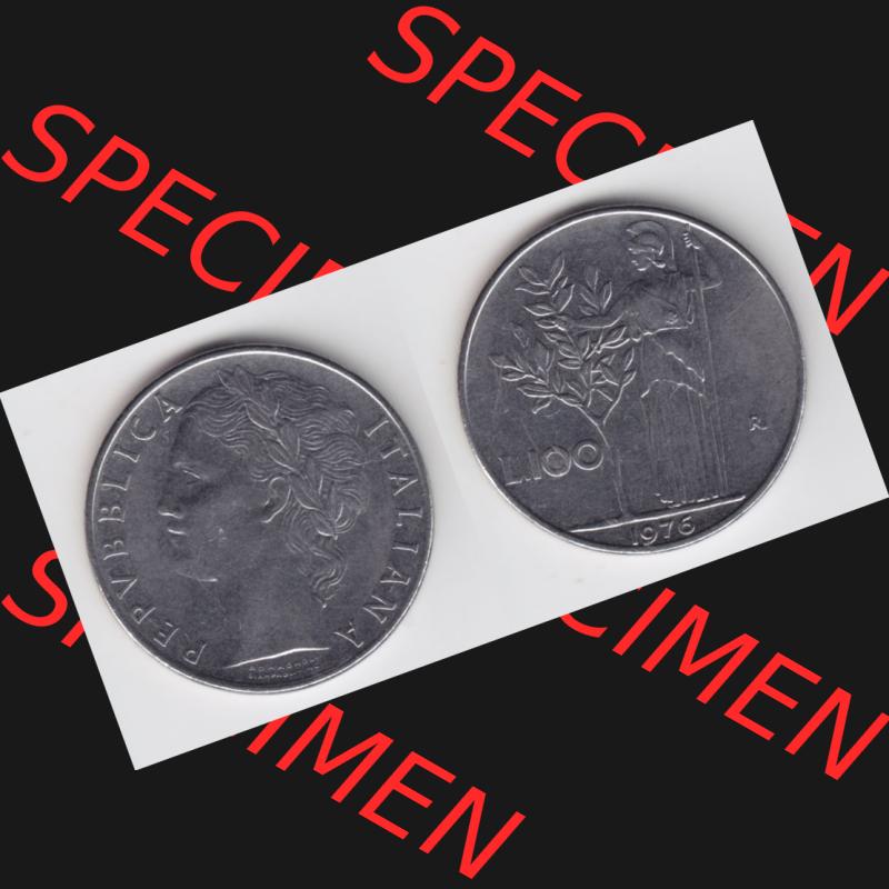 Münzen Italien Umlaufmünze 1955-1989, 100 Lire, Lira 1976. Vorderseite und Rückseite horizontal auf einen digitalen Bild der alten italienischen Münze aus Italien... Sammlung