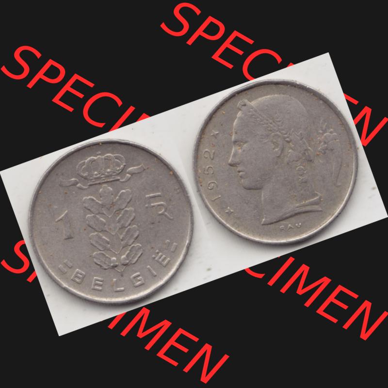 Münzen Belgien Umlaufmünze 1950-1988, 1 Francs-Franken 1952 Belgie. Vorderseite und Rückseite horizontal auf einen digitalen Bild der alten belgischen Francs Umlaufmünze... Sammlung