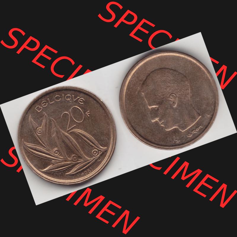Münzen Belgien Umlaufmünze 1980-1993, 20 Francs 1981 Belgiqve. Vorderseite und Rückseite horizontal auf einen digitalen Bild der alten belgischen Francs Umlaufmünze aus... Sammlung