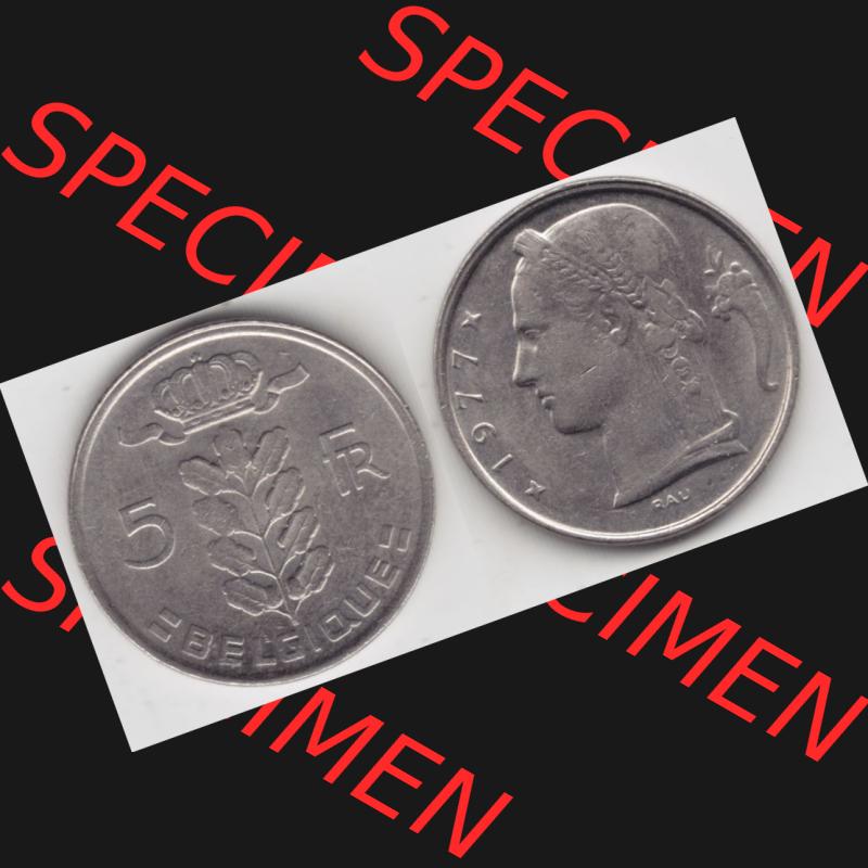 Münzen Belgien Umlaufmünze 1948-1981, 5 Francs 1977 Belgique. Vorderseite und Rückseite horizontal auf einen digitalen Bild der alten belgischen Francs Umlaufmünze aus... Sammlung