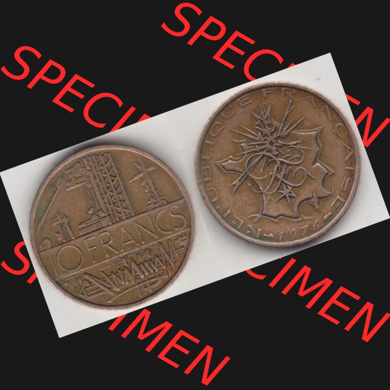 Münze Frankreich 1974-1987, 10 Franken-Francs 1976. Vorderseite und Rückseite horizontal auf einen digitalen Bild der alten französischen Umlaufmünze aus Frankreich in... Sammlung