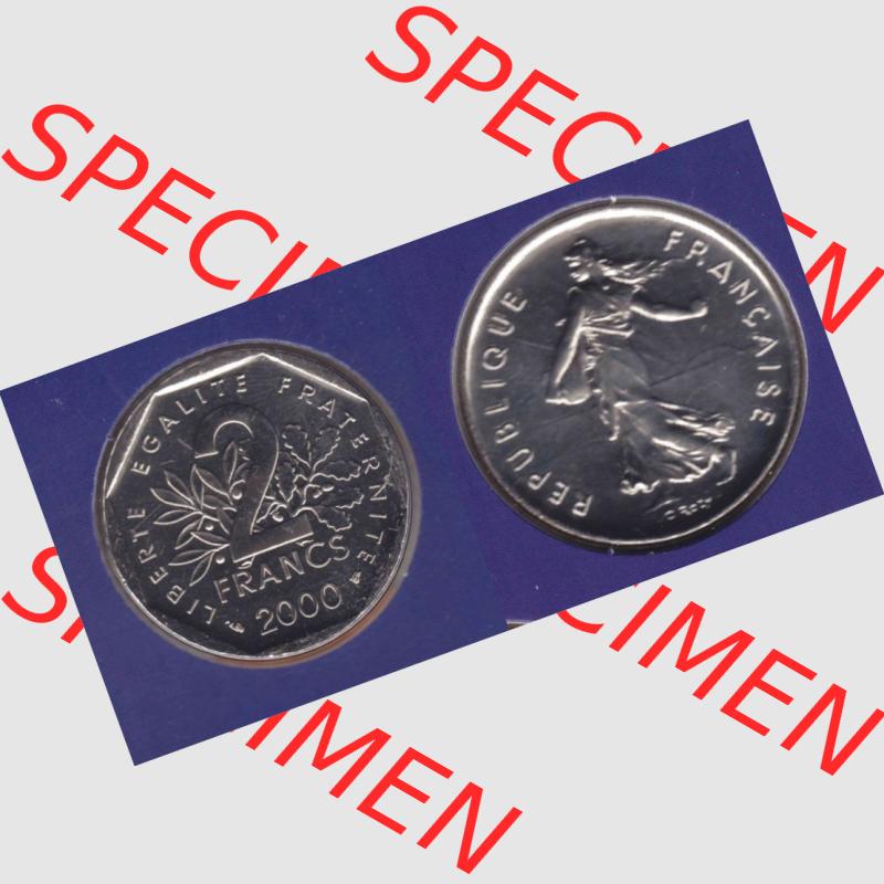 Münze Frankreich 2000, 2 Francs. Vorderseite und Rückseite horizontal auf einen digitalen Bild der alten französischen Umlaufmünze aus Frankreich in der Francs-Währung... Sammlung