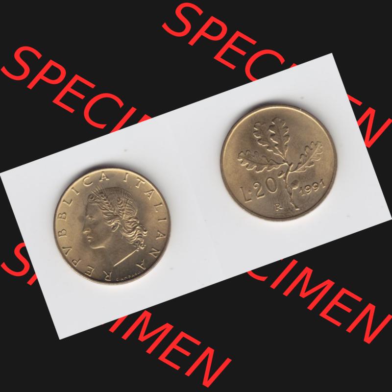 Münzen Italien Umlaufmünze 1956-2001, 20 Lira bzw. Lire 1991. Vorderseite und Rückseite horizontal auf einen digitalen Bild der alten italienischen Münze aus Italien... Sammlung