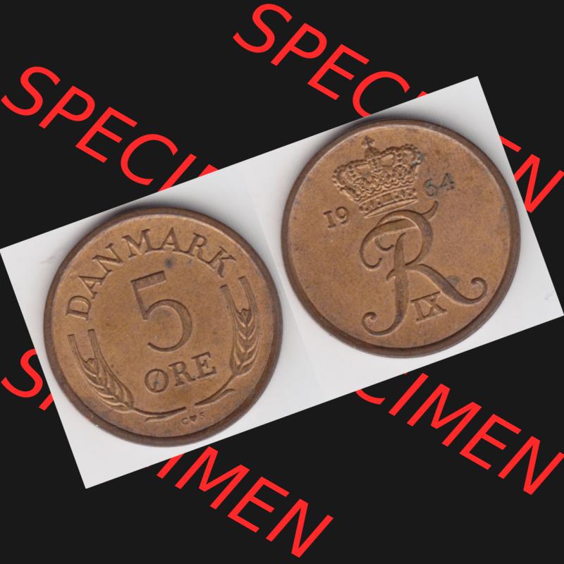 Münzen Dänemark Umlaufmünze 1964, 5 Öre. Vorderseite und Rückseite horizontal auf einen digitalen Bild der alten dänischen Umlaufmünze aus Dänemark... Sammlung