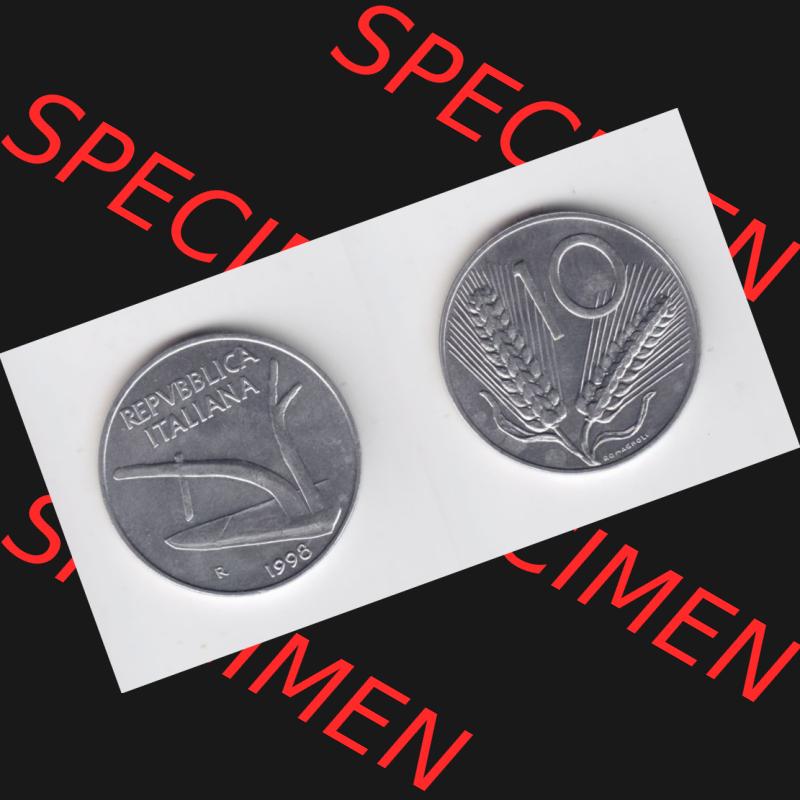 Münzen Italien Umlaufmünze 1951-2001, 10 Lira-Lire Kleine Münze 1998. Vorderseite und Rückseite horizontal auf einen digitalen Bild der alten italienischen Münze aus... Sammlung