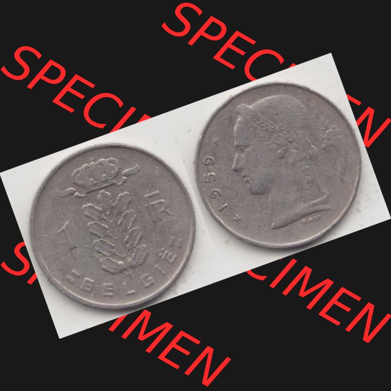 Münzen Belgien Umlaufmünze 1950-1988, 1 Francs-Franken 1959 Belgie. Vorderseite und Rückseite horizontal auf einen digitalen Bild der alten belgischen Francs Umlaufmünze... Sammlung