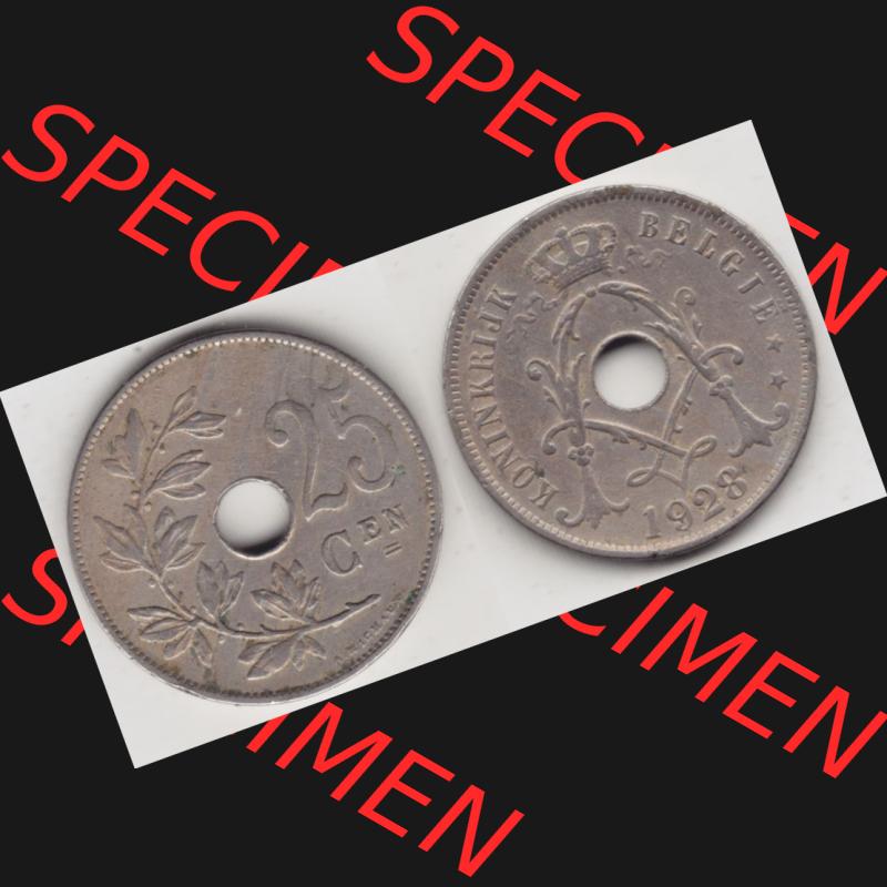 Münzen Belgien Umlaufmünze 1910-1929, 25 Cen, 1928 Centimes Koninkrijk Belgie. Vorderseite und Rückseite horizontal auf einen digitalen Bild der alten belgischen Francs... Sammlung
