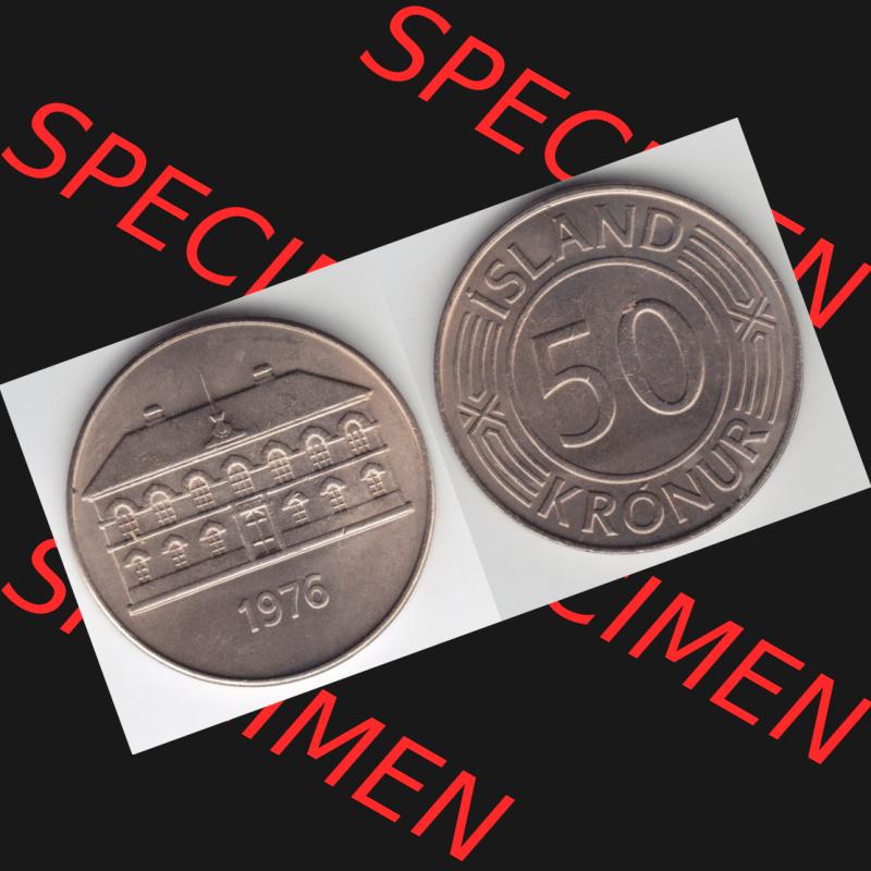 Münzen Island Umlaufmünze 1970-1980, 50 Kronur, Kronen 1976. Vorderseite und Rückseite horizontal auf einen digitalen Bild der alten Isländischen Umlaufmünze... Sammlung