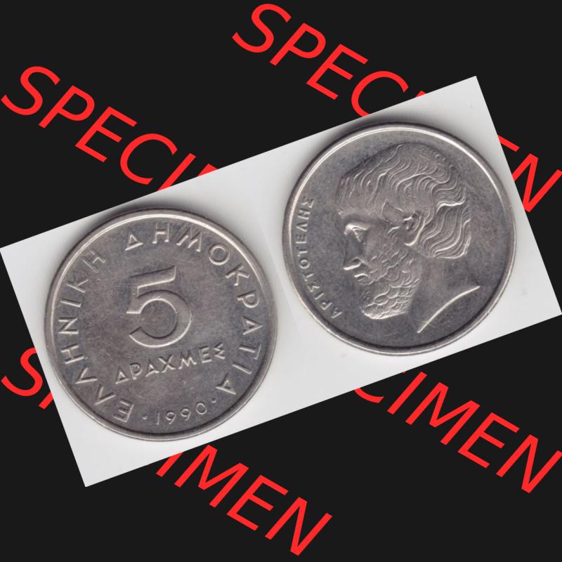 Münzen Griechenland Umlaufmünze 1990, 5 Apaxmee, Drachmen. Vorderseite und Rückseite horizontal auf einen digitalen Bild der alten griechischen Umlaufmünze aus Griechenland... Sammlung