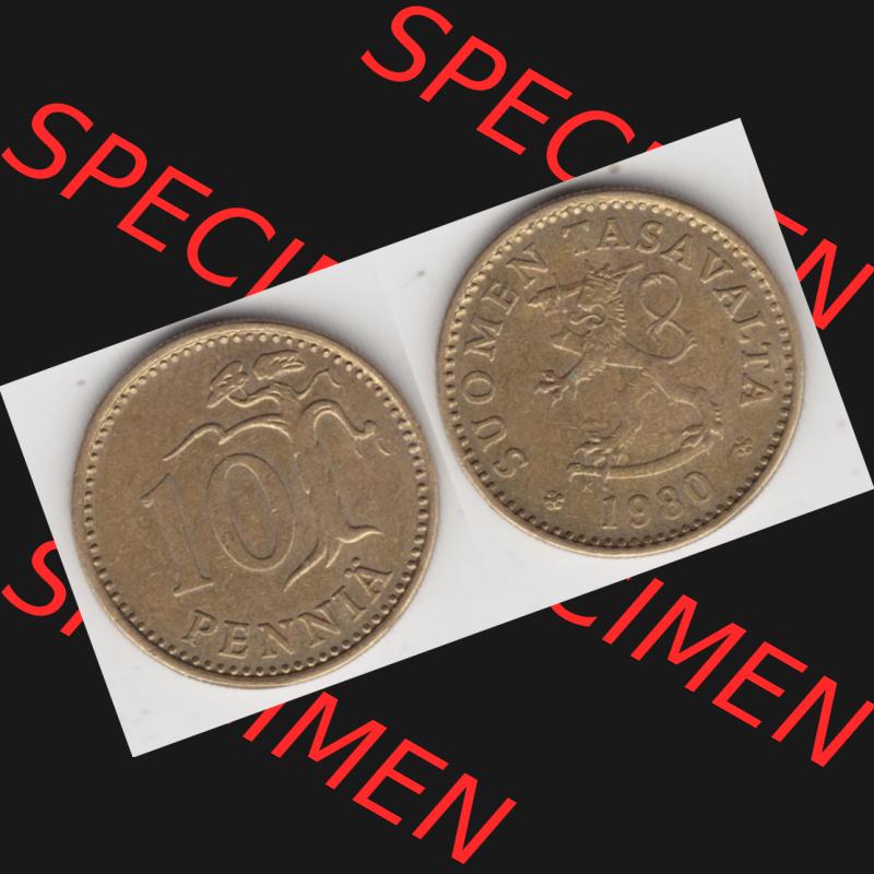 Münzen Finnland Umlaufmünze 1963-1982, 10 Penniä, 1980. Vorderseite und Rückseite horizontal auf einen digitalen Bild der alten finnischen Umlaufmünze aus Finnland... Sammlung