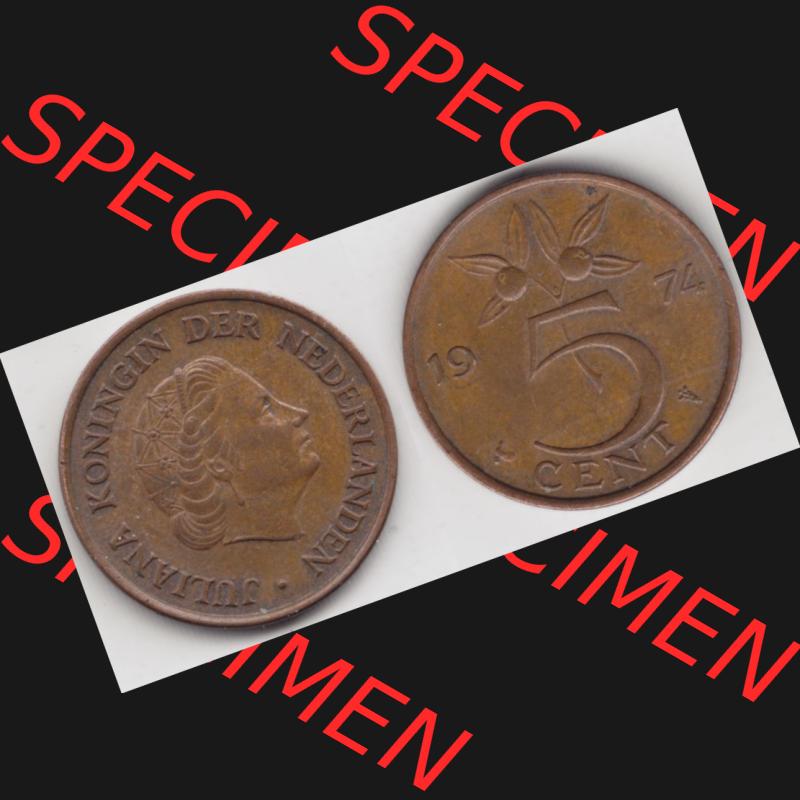 Münzen Niederlande Umlaufmünze 1950-1980, 5 Cent 1974, Bild mit horizontaler Vollansicht als Bildmaterial Sammlung