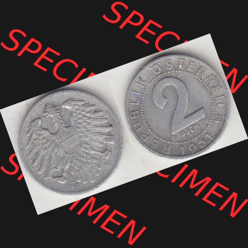 Münzen Österreich Umlaufmünze 1950-1994, 2 Groschen 1951, Münze aus Österreich mit Münzseiten Horizontal / Nebeneinander auf einen Bild für Mobile-Geräte... Sammlung