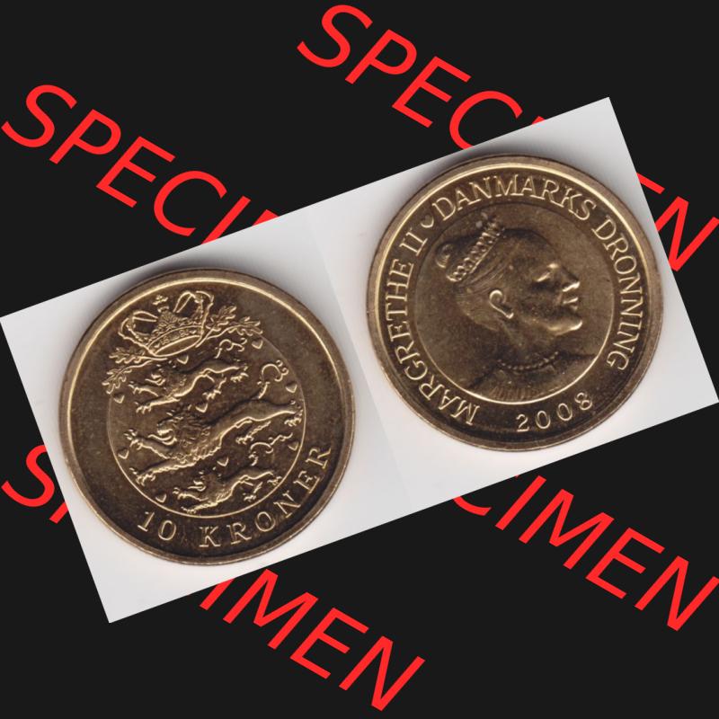 Münzen Dänemark Umlaufmünze 2008, 10 Kroner, Kronen. Vorderseite und Rückseite horizontal auf einen digitalen Bild der alten dänischen Umlaufmünze aus Dänemark... Sammlung