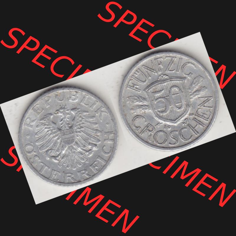 Münzen Österreich Umlaufmünze 1946-1955, 50 Groschen 1947 II., Münze aus Österreich mit Münzseiten Horizontal / Nebeneinander auf einen Bild für... Sammlung