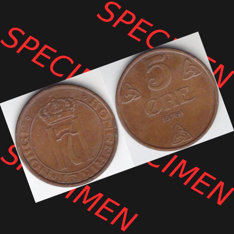 Münzen Norwegen Umlaufmünze 1908-1952, 5 Öre 1941, Münze aus Norwegen mit Münzseiten Horizontal / Nebeneinander auf einen Bild für Mobile-Geräte als Bildmaterial... Sammlung