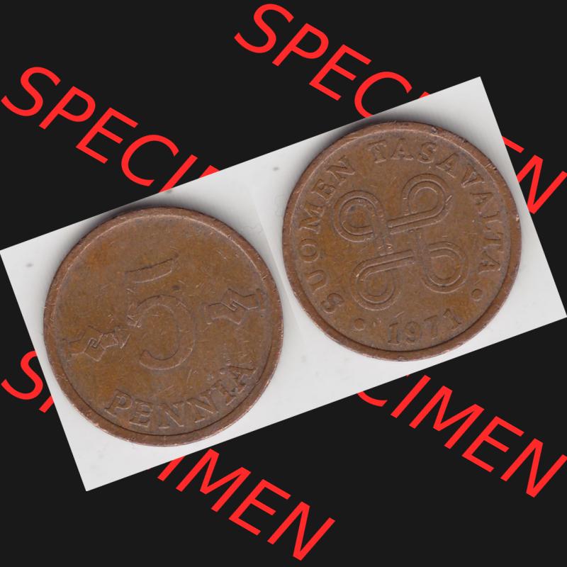 Münzen Finnland Umlaufmünze 1963-1977, 5 Penniä, 1971. Vorderseite und Rückseite horizontal auf einen digitalen Bild der alten finnischen Umlaufmünze aus Finnland... Sammlung