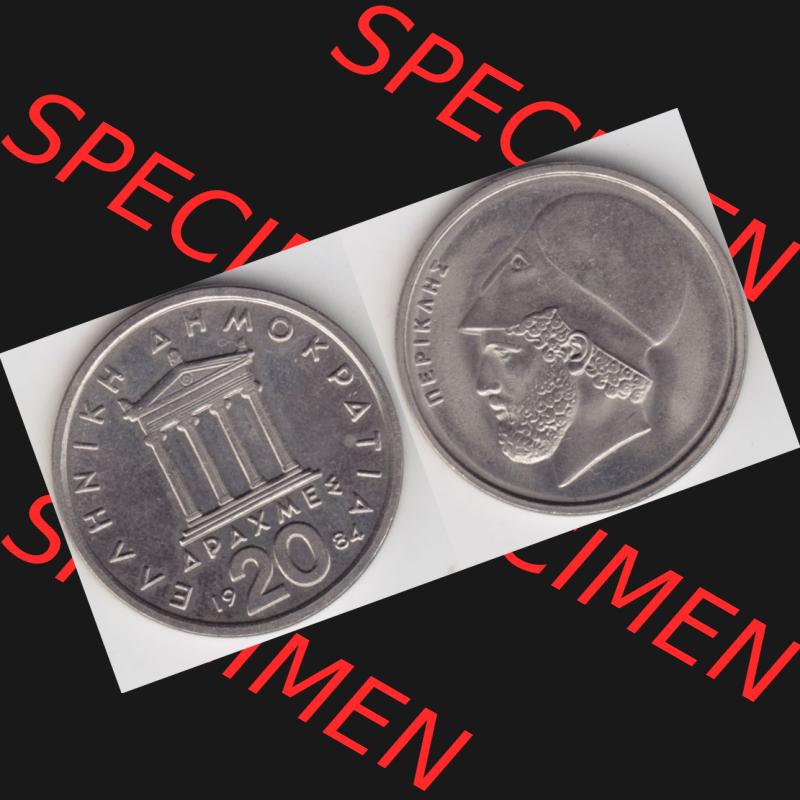 Münzen Griechenland Umlaufmünze 1984, 20 Apaxmee, Drachmen. Vorderseite und Rückseite horizontal auf einen digitalen Bild der alten griechischen Umlaufmünze aus Griechenland... Sammlung