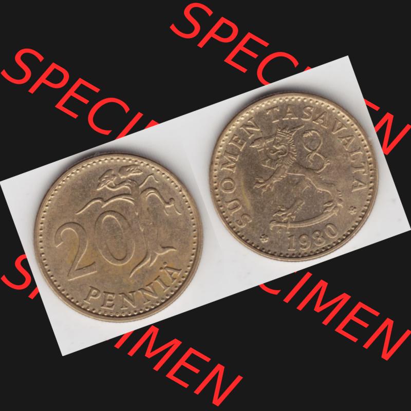 Münzen Finnland Umlaufmünze 1963-1990, 20 Penniä, 1980. Vorderseite und Rückseite horizontal auf einen digitalen Bild der alten finnischen Umlaufmünze aus Finnland... Sammlung