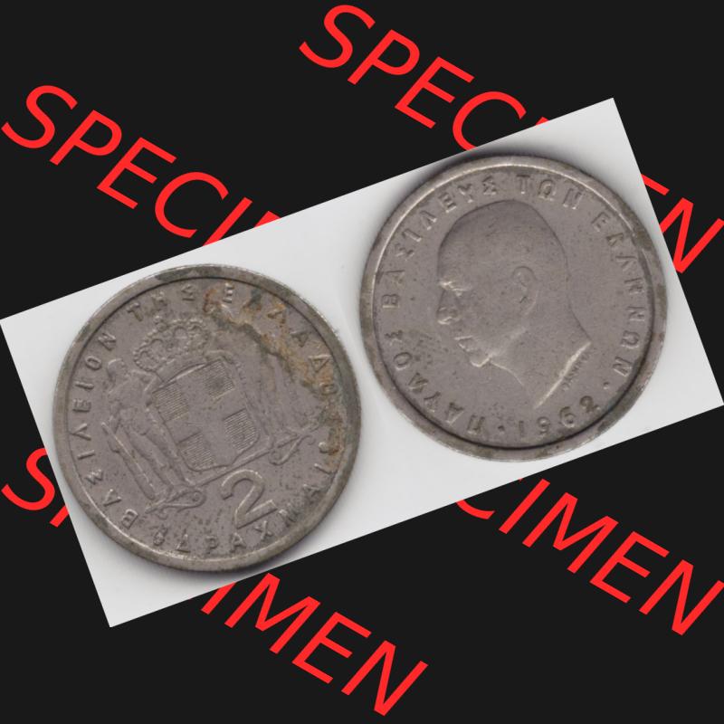 Münzen Griechenland Umlaufmünze 1962, 2 Apaxmai, Drachmen. Vorderseite und Rückseite horizontal auf einen digitalen Bild der alten griechischen Umlaufmünze aus Griechenland... Sammlung