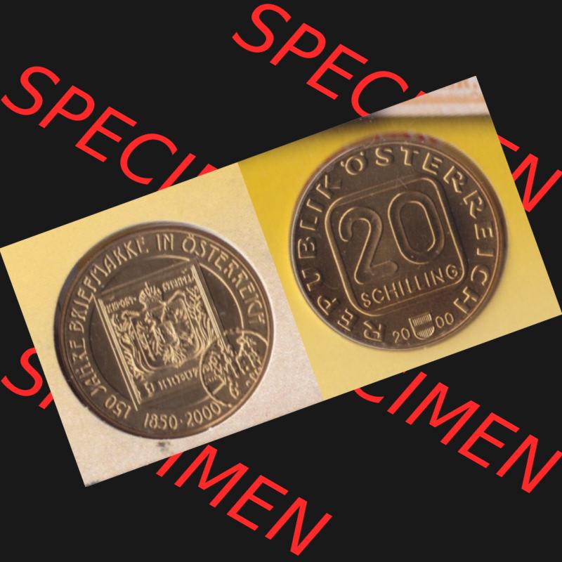 Münzen Österreich Umlaufmünze 2000-2000, 20 Schilling 150 Jahre Briefmarken, Münze aus Österreich mit Münzseiten Horizontal / Nebeneinander auf einen Bild... Sammlung