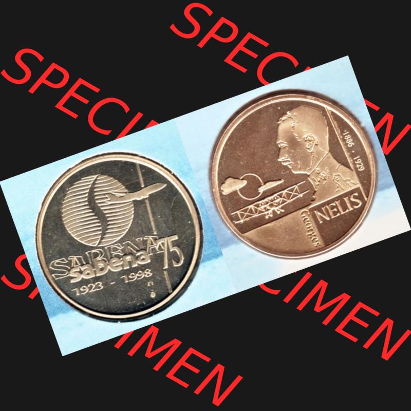 Münzen Belgien Umlaufmünze 1998, Medaille Sabena 75, 1923-1998. Vorderseite und Rückseite horizontal auf einen digitalen Bild der alten belgischen Francs Umlaufmünze... Sammlung