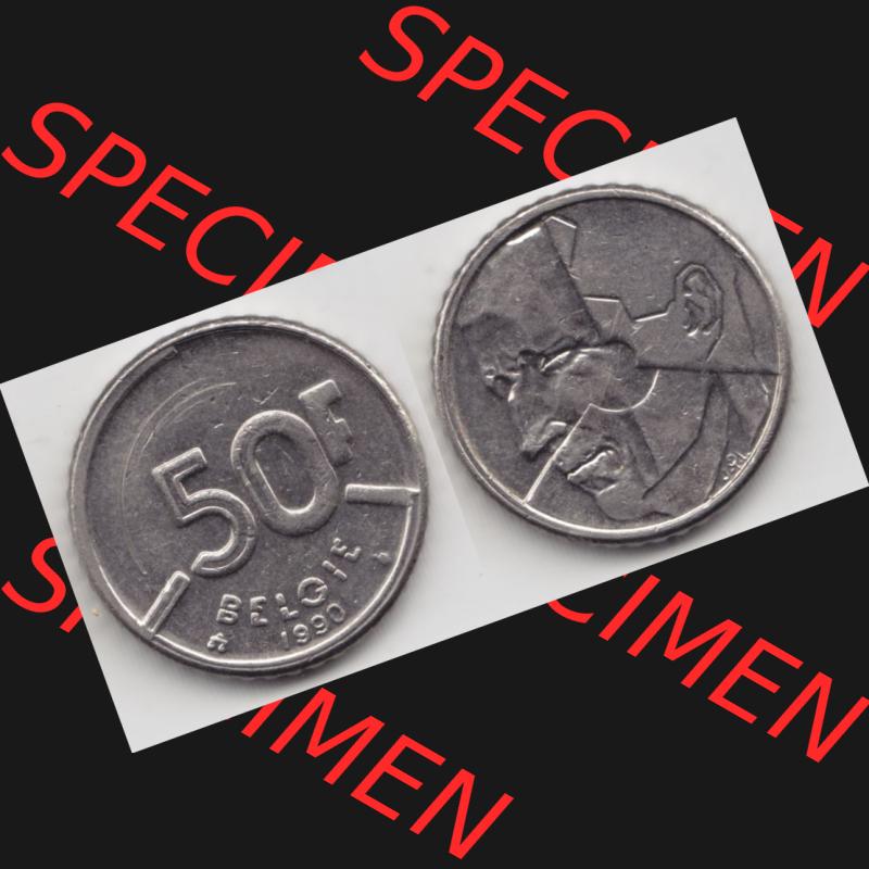 Münzen Belgien Umlaufmünze 1987-1993, 50 Francs 1990 Belgie. Vorderseite und Rückseite horizontal auf einen digitalen Bild der alten belgischen Francs Umlaufmünze aus Belgien... Sammlung