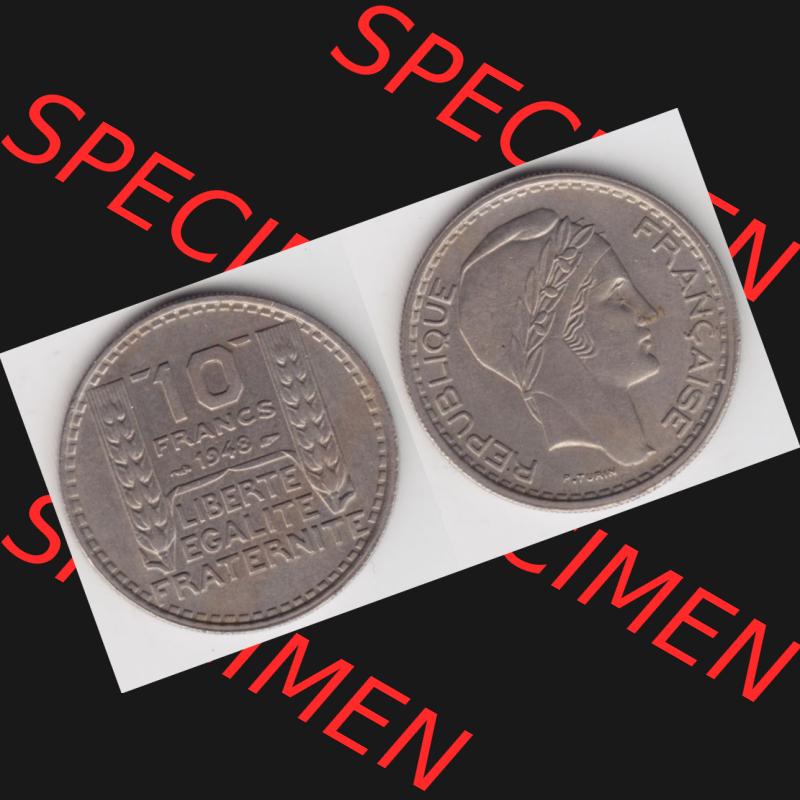 Münze Frankreich 1947-1949, 10 Francs, Franken 1948. Vorderseite und Rückseite horizontal auf einen digitalen Bild der alten französischen Umlaufmünze aus Frankreich... Sammlung