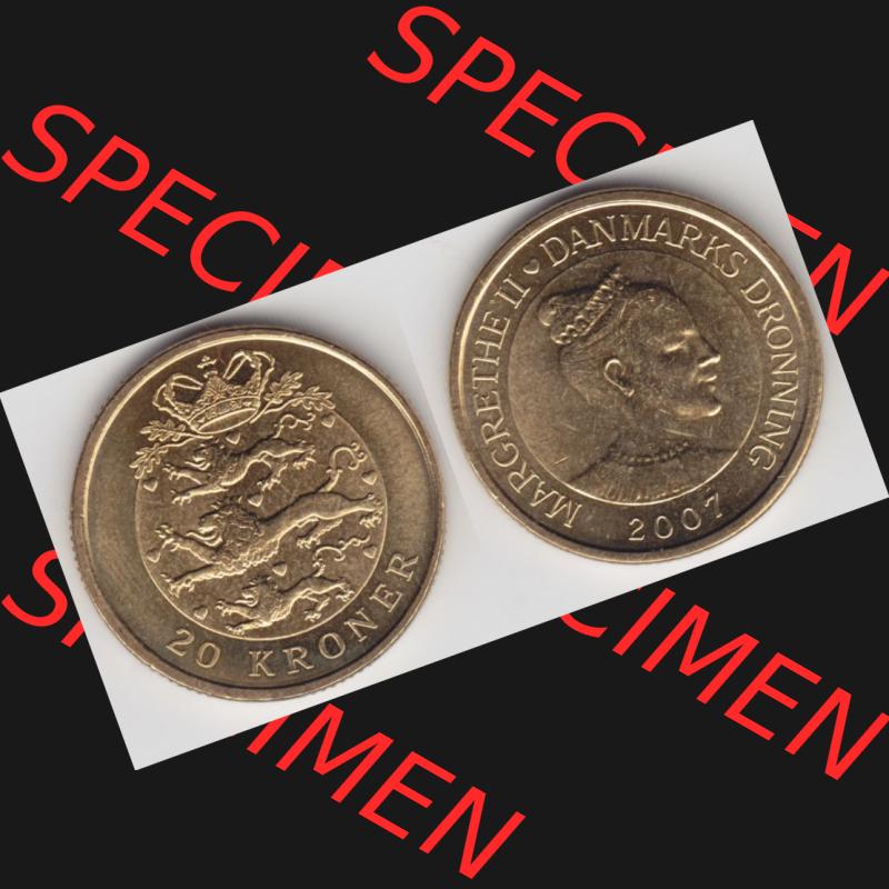 Münzen Dänemark Umlaufmünze 2007, 20 Kroner, Kronen. Vorderseite und Rückseite horizontal auf einen digitalen Bild der alten dänischen Umlaufmünze aus Dänemark... Sammlung