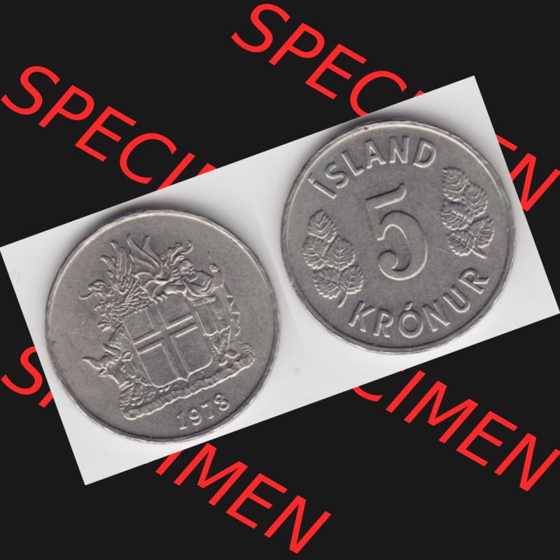 Münzen Island Umlaufmünze 1969-1980, 5 Kronur, Kronen 1978. Vorderseite und Rückseite horizontal auf einen digitalen Bild der alten Isländischen Umlaufmünze... Sammlung