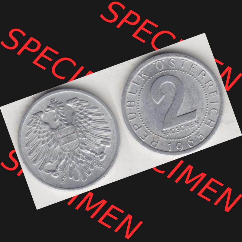 Münzen Österreich Umlaufmünze 1950-1994, 2 Groschen 1965, Münze aus Österreich mit Münzseiten Horizontal / Nebeneinander auf einen Bild für Mobile-Geräte... Sammlung