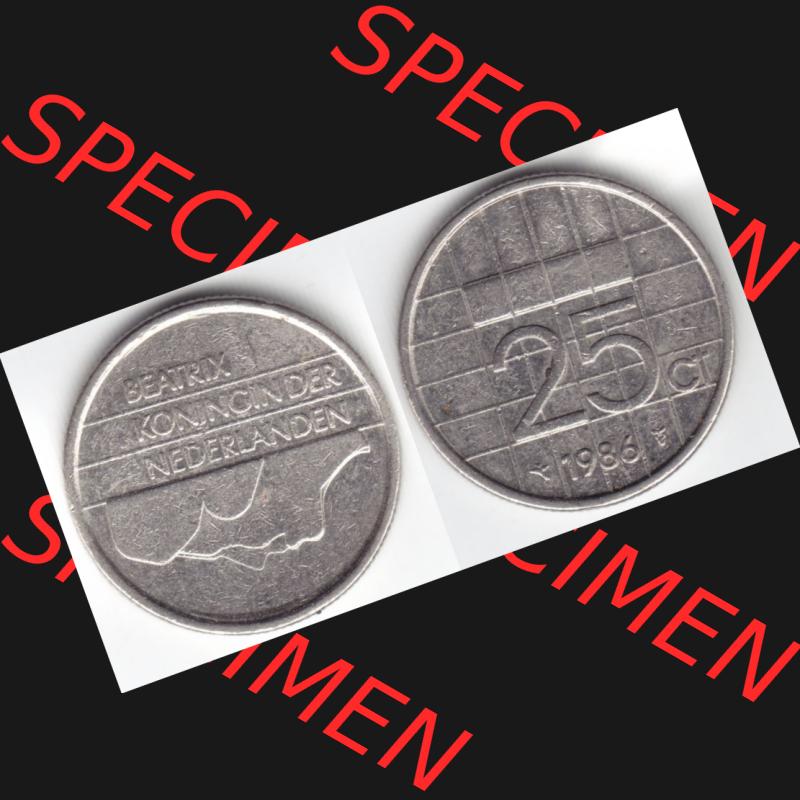 Münzen Niederlande Umlaufmünze 1986, 25 Cent, Bild mit horizontaler Vollansicht als Bildmaterial Sammlung