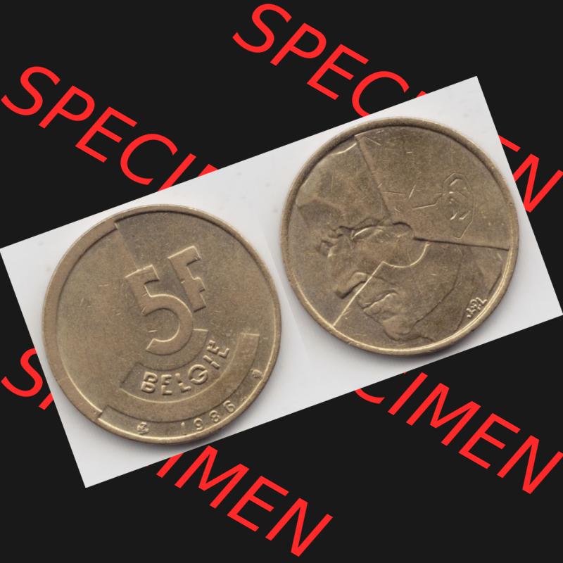 Münzen Belgien Umlaufmünze 1986-1993, 5 Francs 1986 Belgie. Vorderseite und Rückseite horizontal auf einen digitalen Bild der alten belgischen Francs Umlaufmünze aus Belgien... Sammlung