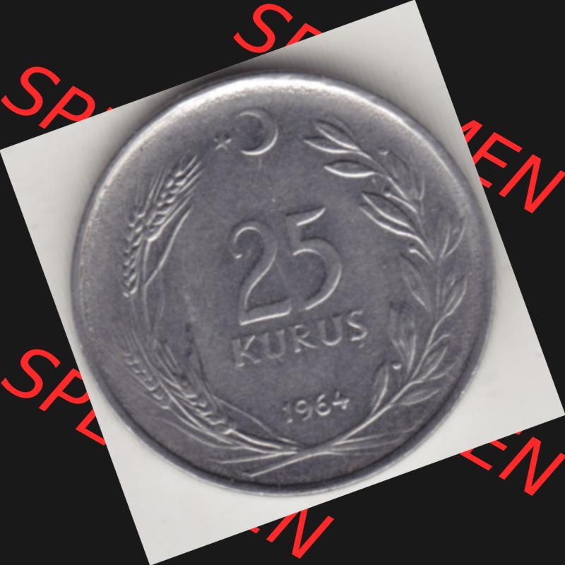 Münzen Türkei Umlaufmünze 1960-1966, 25 Kurus 1964. Rückseite der Münze der Türkei als Bildmaterial für Sammler und Münzen-Webseiten hier im online... Sammlung