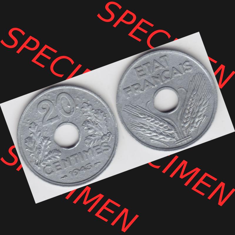 Münze Frankreich 1941-1944, 20 Centimes, Cent 1943. Vorderseite und Rückseite horizontal auf einen digitalen Bild der alten französischen Umlaufmünze aus Frankreich... Sammlung