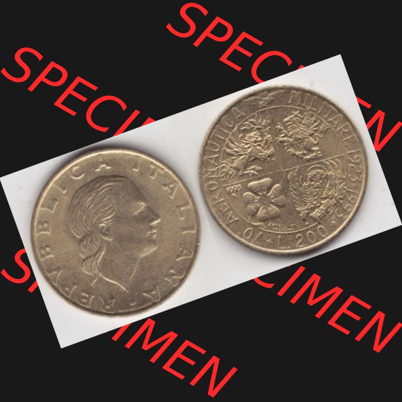 Münzen Italien Gedenkmünze 1993-1993, 200 Lire Militärischen Luftfahrt. Vorderseite und Rückseite horizontal auf einen digitalen Bild der alten italienischen Münze... Sammlung