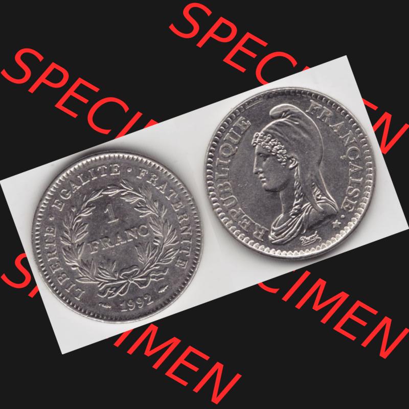 Münze Frankreich 1992-1992, 1 Francs Liberty Freiheitsgöttin. Vorderseite und Rückseite horizontal auf einen digitalen Bild der alten französischen Umlaufmünze aus... Sammlung