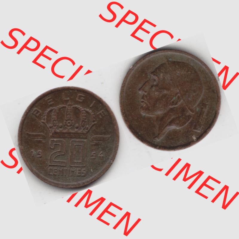 Münzen Belgien Umlaufmünze 1954, 1960, 20 Centimes Belgie. Vorderseite und Rückseite horizontal auf einen digitalen Bild der alten belgischen Francs Umlaufmünze aus... Sammlung