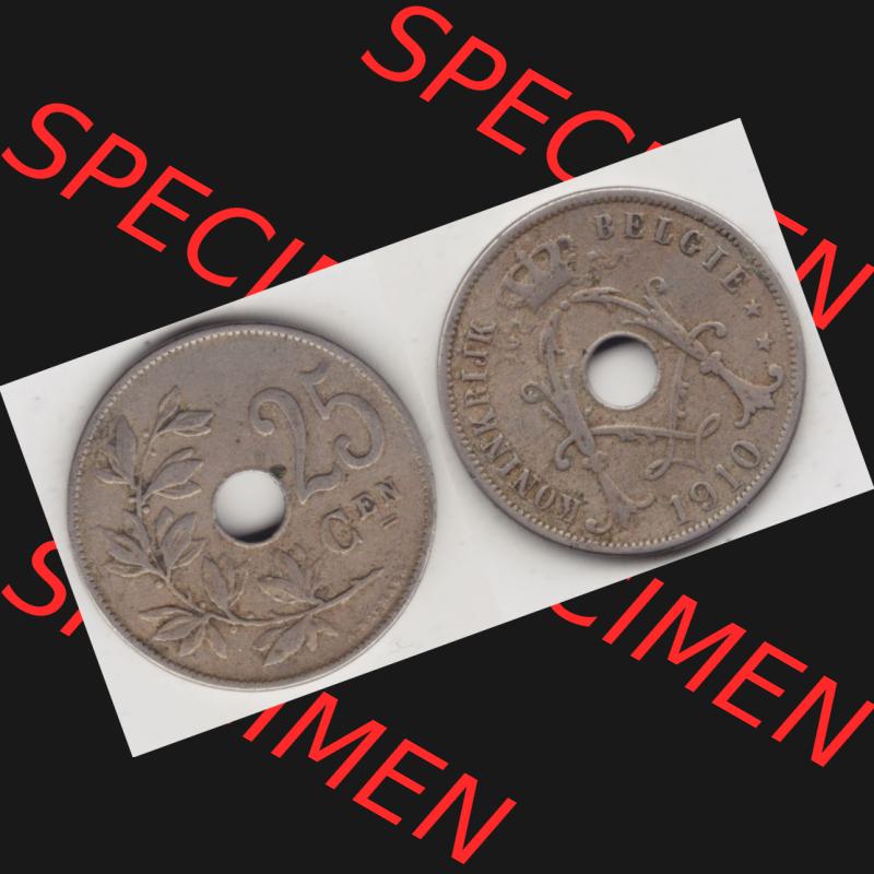 Münzen Belgien Umlaufmünze 1910-1929, 25 Cen, 1910 Centimes Koninkrijk Belgie. Vorderseite und Rückseite horizontal auf einen digitalen Bild der alten belgischen Francs... Sammlung