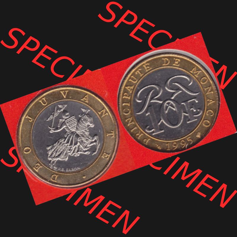 Münzen Monaco Umlaufmünze 1989-2000, 10 Francs 1995. Vorderseite und Rückseite horizontal nebeneinander auf einen digitalen Bild zum herunterladen, einer alten Umlaufmünze... Sammlung