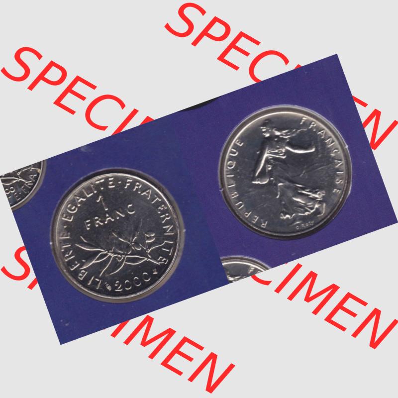Münze Frankreich 2000, 1 Francs. Vorderseite und Rückseite horizontal auf einen digitalen Bild der alten französischen Umlaufmünze aus Frankreich in der Francs-Währung... Sammlung