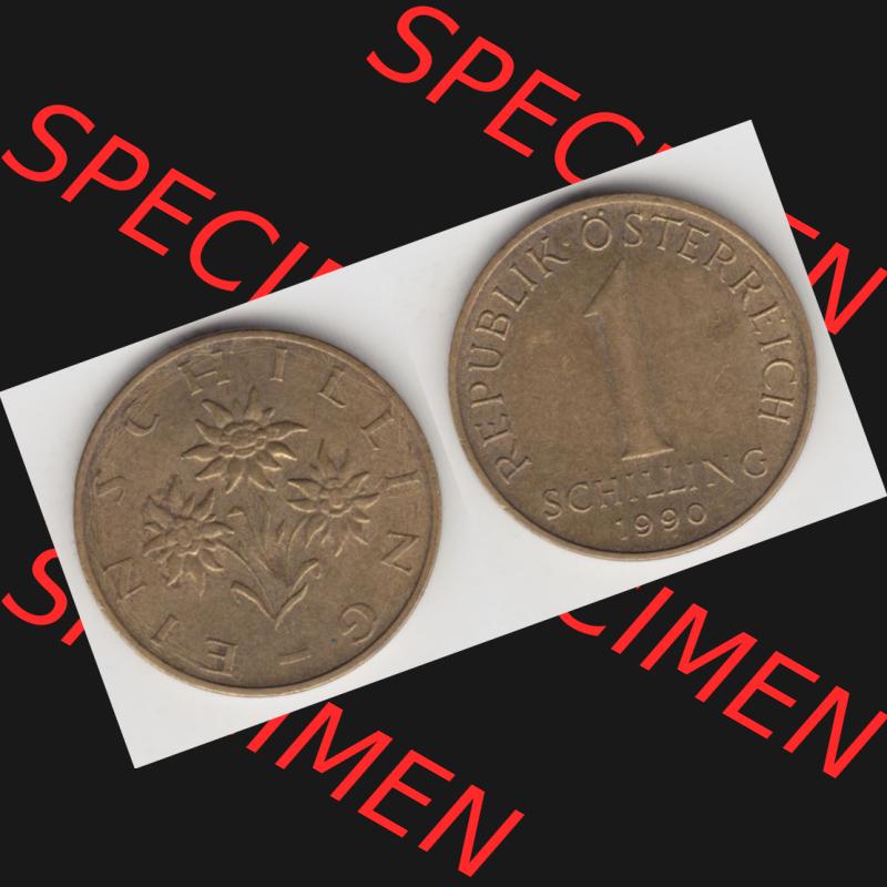 Münzen Österreich Umlaufmünze 1959-2001, 1 Schilling 1990, Münze aus Österreich mit Münzseiten Horizontal / Nebeneinander auf einen Bild für Mobile-Geräte... Sammlung