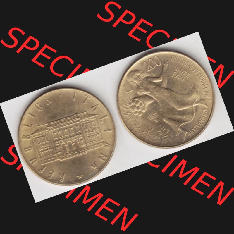 Münzen Italien Gedenkmünze 1981-1981, 200 Lire FAO - Welternährungstag. Vorderseite und Rückseite horizontal auf einen digitalen Bild der alten italienischen Münze... Sammlung