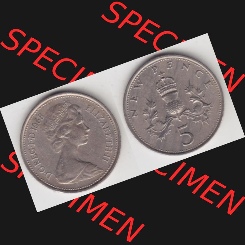 Münzen Großbritannien Umlaufmünze 1968-1981, 5 New Pence 1968. Vorderseite und Rückseite horizontal auf einen digitalen Bild der alten britischen Münze aus Großbritannien... Sammlung
