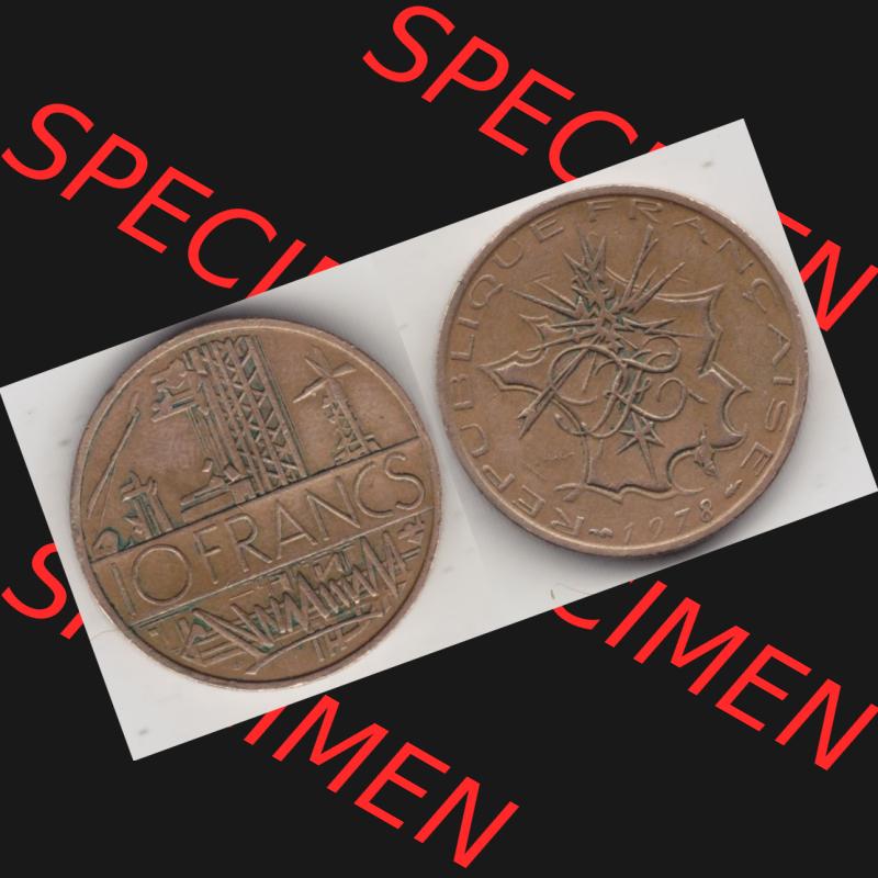 Münze Frankreich 1974-1987, 10 Franken-Francs 1978 II.. Vorderseite und Rückseite horizontal auf einen digitalen Bild der alten französischen Umlaufmünze aus Frankreich... Sammlung