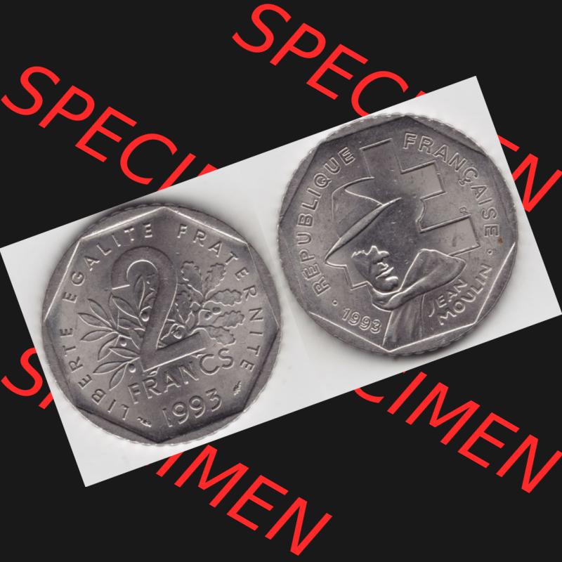 Münze Frankreich 1993-1993, 2 Francs Jean Moulin. Vorderseite und Rückseite horizontal auf einen digitalen Bild der alten französischen Umlaufmünze aus Frankreich in der... Sammlung