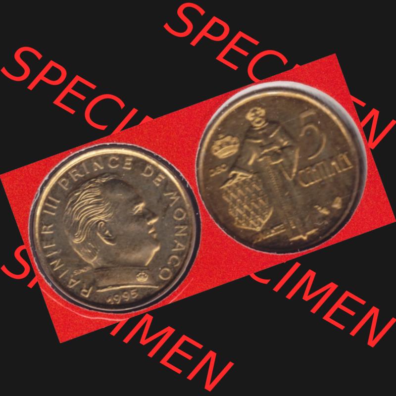 Münzen Monaco Umlaufmünze 1976-1995, 5 Centimes 1995. Vorderseite und Rückseite horizontal nebeneinander auf einen digitalen Bild zum herunterladen, einer alten Umlaufmünze... Sammlung