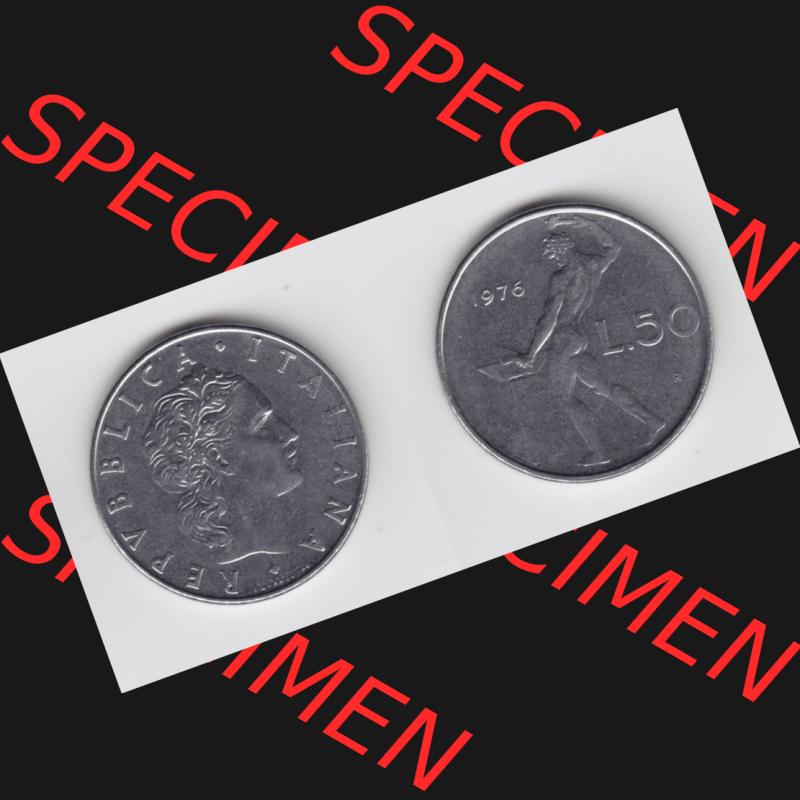 Münzen Italien Umlaufmünze 1954-1989, 50 Lira, bzw. Lire 1976. Vorderseite und Rückseite horizontal auf einen digitalen Bild der alten italienischen Münze... Sammlung