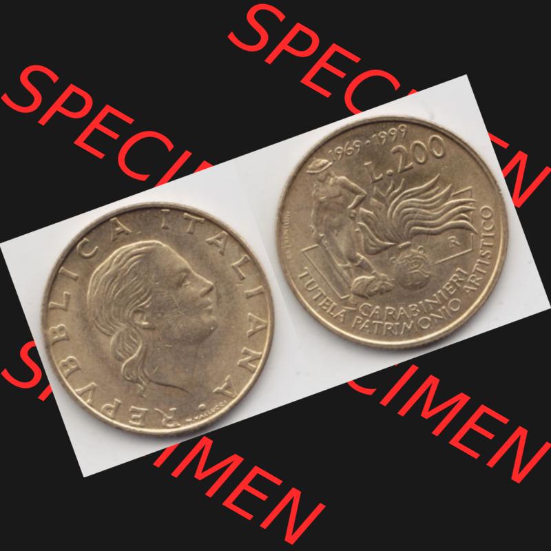 Münzen Italien Gedenkmünze 1999-1999, 200 Lire Carabinieri, Schutz der Kunsterbe, Bild mit Vollansicht zum Download Sammlung