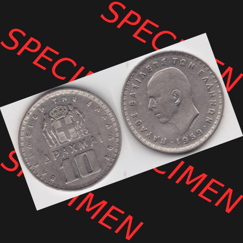 Münzen Griechenland Umlaufmünze 1959, 10 Apaxmai Drachmen. Vorderseite und Rückseite horizontal auf einen digitalen Bild der alten griechischen Umlaufmünze aus Griechenland... Sammlung